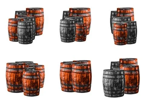 Assorted gray and brown oak barrels for storing gunpowder on a white isolated Stock Photos