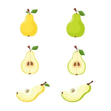 Assorted green and yellow pears, whole pears, halves of pears and combinations Stock Illustration