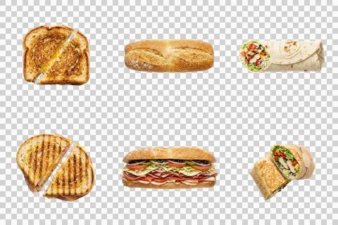 Assorted grilled sandwiches including sub roll chicken wrap and melted chee.. Stock Photos