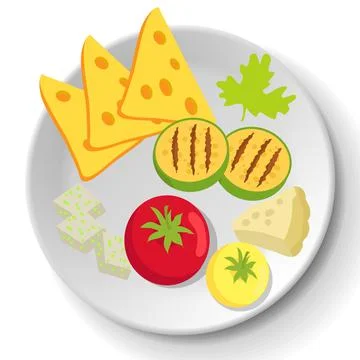 Assorted grilled vegetables and cheese on plate. . Tomato, squash, cheddar and Stock Illustration