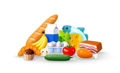 Assorted grocery products in 3d style illustration Stock Illustration