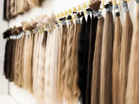 Assorted hair extensions displayed in various colors and textures at salon Stock Photos
