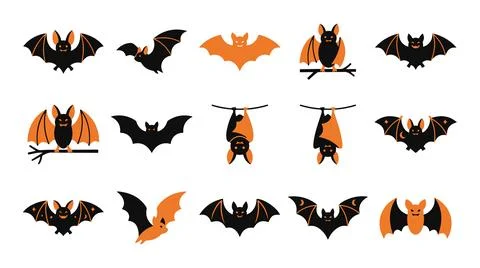 Assorted halloween bat silhouettes and icons in flat vector illustration style Stock Illustration