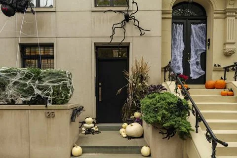 Assorted Halloween decorations guard the front steps of a house. Pumpkins on a Stock Photos
