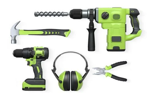 Assorted hand and power tools including drill, hammer, and pliers isolated .. Ilustração Stock