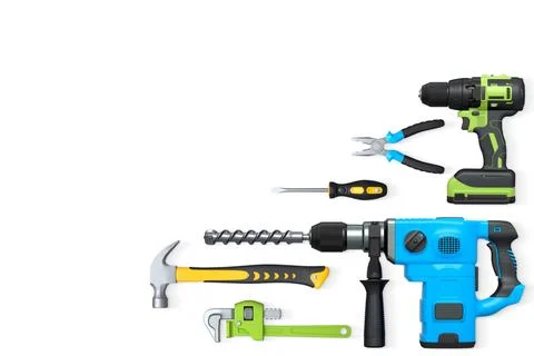 Assorted hand and power tools including drill, hammer, and pliers isolated on Ilustração Stock