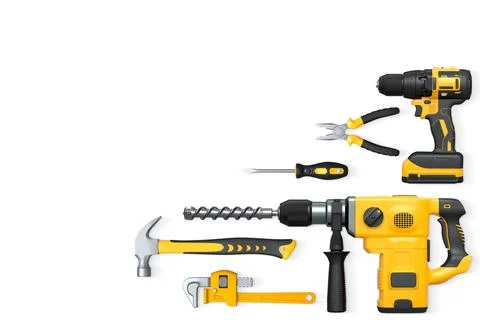 Assorted hand and power tools including drill, hammer, and pliers isolated on Ilustração Stock