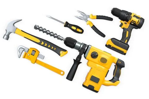 Assorted hand and power tools including drill, hammer, and pliers isolated .. Stock Illustration
