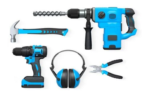 Assorted hand and power tools including drill, hammer, and pliers isolated .. Stock Illustration
