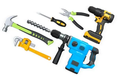 Assorted hand and power tools including drill, hammer, and pliers isolated .. Stock Illustration