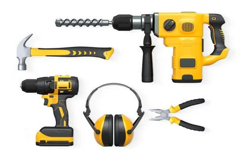 Assorted hand and power tools including drill, hammer, and pliers isolated .. 스톡 일러스트
