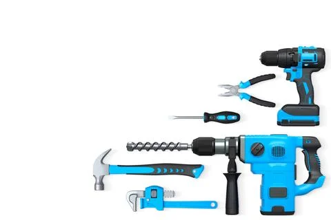 Assorted hand and power tools including drill, hammer, and pliers isolated on Stock Illustration