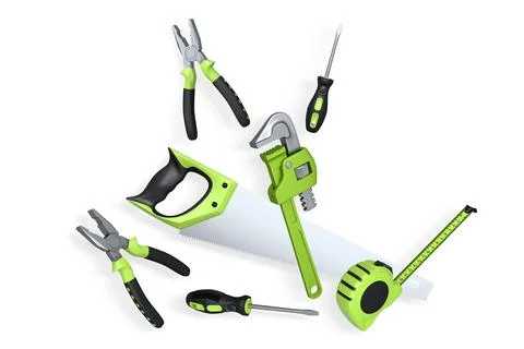 Assorted hand tools including pliers, wrench, screwdriver, saw, and tape me.. Stock Photos