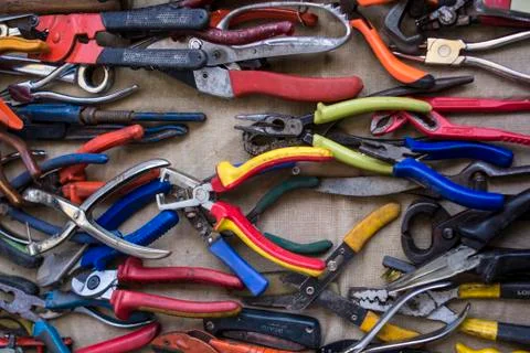 Assorted hand tools pliers and cutters Stock Photos