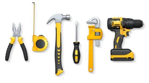 Assorted hand tools like pliers, tape measure, hammer, and drill isolated on Stock Illustration