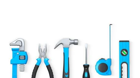 Assorted hand tools like pliers, tape measure, hammer, and drill isolated on Stock Illustration