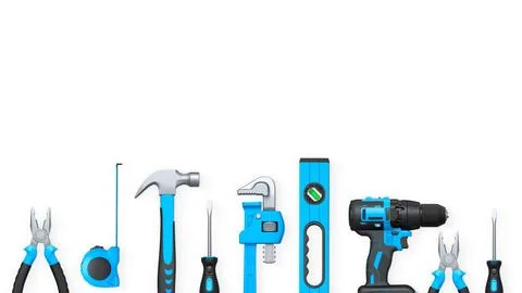 Assorted hand tools like pliers, tape measure, hammer, and drill isolated o.. Stock Illustration