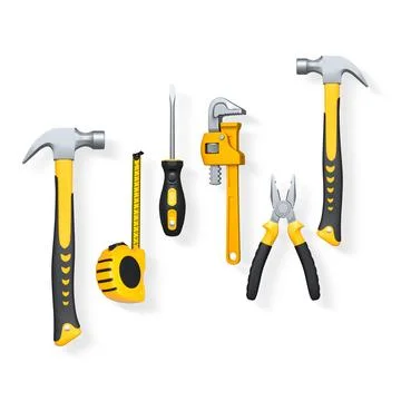 Assorted hand tools like pliers, tape measure, hammer, and drill isolated o.. Stock Illustration