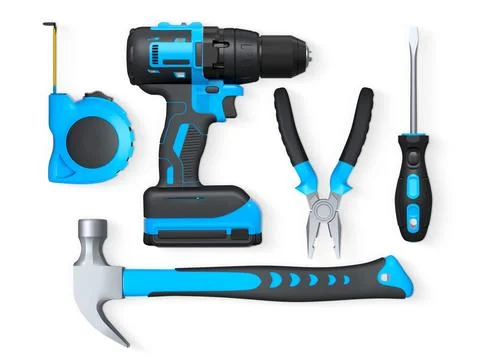 Assorted hand tools like pliers, tape measure, hammer, and drill isolated on  Stock Illustration