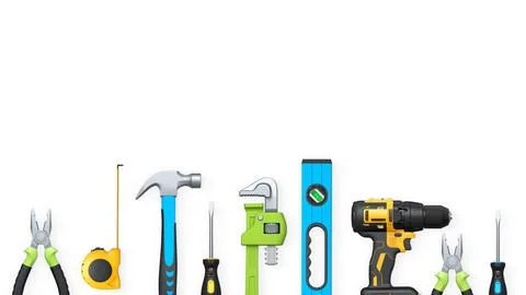 Assorted hand tools like pliers, tape measure, hammer, and drill isolated o.. Stock Illustration