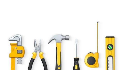 Assorted hand tools like pliers, tape measure, hammer, and drill isolated o.. Stock Illustration