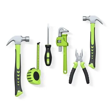 Assorted hand tools like pliers, tape measure, hammer, and drill isolated o.. Stock Illustration