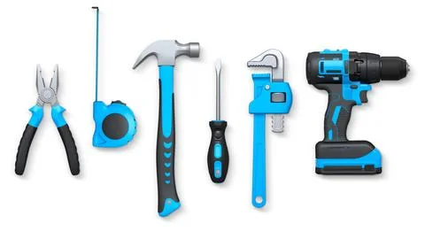 Assorted hand tools like pliers, tape measure, hammer, and drill isolated on  Stock Illustration