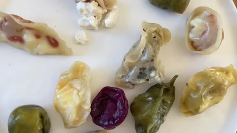 Assorted handmade dumplings on white plate close up Stock Footage 334085303