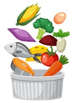 Assorted Healthy Foods Falling Into White Bowl Illustration Stock Illustration