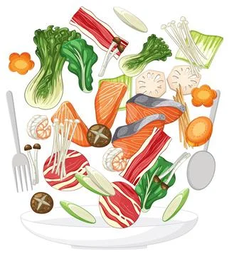 Assorted Hot Pot Ingredients Falling Above Plate Stock Illustration