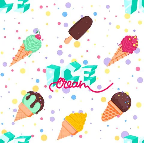 Assorted ice cream seamless pattern. Colorful various ice cream in flat cartoon Stock Illustration