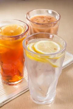 Assorted Iced Drinks with Lemon and Milk Tea Stock Photos