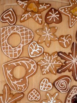 Assorted iced gingerbread cookies flat lay Stock Photos