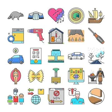 Assorted icons collection representing various concepts and objects Ilustración de archivo