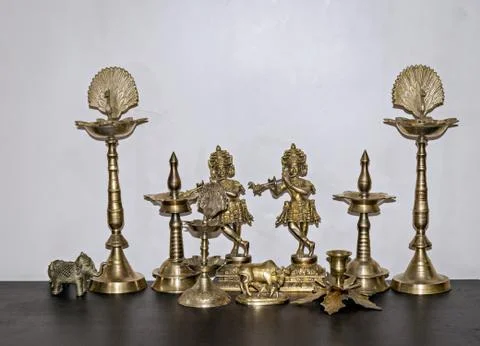 Assorted Indian Pooja articles items set made up of brass. Stock Photos
