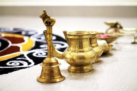 Assorted Indian Pooja Articles Items Set Made Up Of Brass Stock Photos