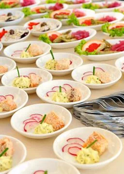 Assorted individual salads on a buffet Stock Photos