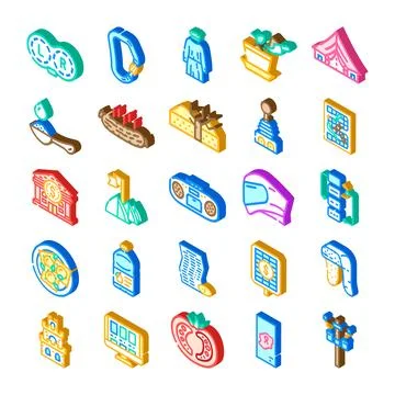 Assorted isometric icons collection showing diverse concepts Ilustración de archivo