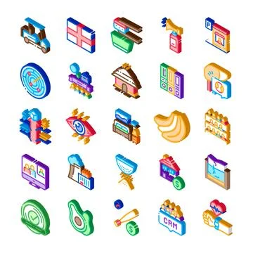 Assorted isometric icons set illustrating various concepts Stock Illustration