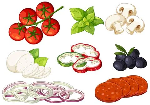 Assorted Italian Pizza Toppings Vector Illustration Set on White Background Stock Illustration