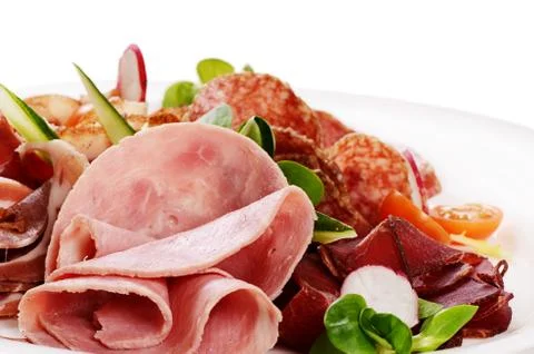 Assorted Italian sausages close-up as background Foto stock