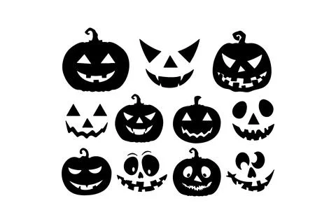 Assorted Jack-O'-Lantern Faces Collection. Vector icon. Stock Illustration