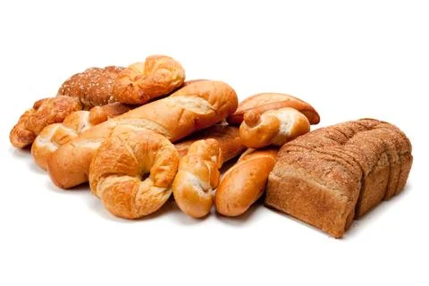 Assorted kinds of breads on a white background Stock Photos