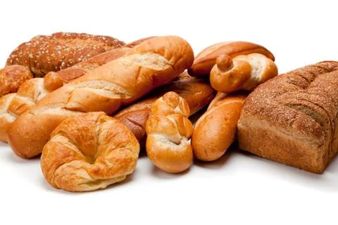 Assorted kinds of breads on a white background Stock Photos