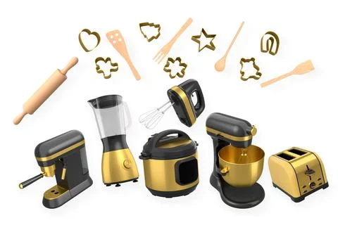 Assorted kitchen appliances and baking utensils isolated on white backgroun.. Stock Illustration