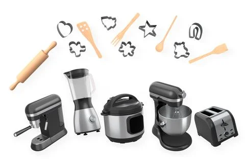 Assorted kitchen appliances and baking utensils isolated on white backgroun.. Stock Illustration