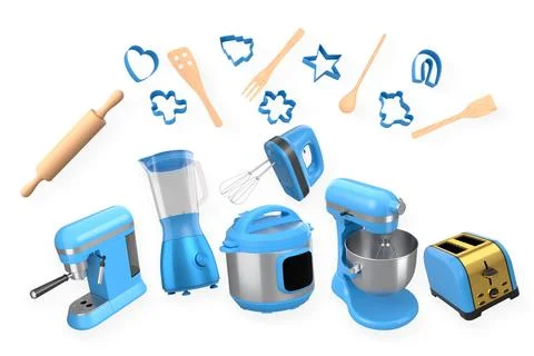 Assorted kitchen appliances and baking utensils isolated on white background, Stock Photos
