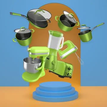 Assorted kitchen appliances and cookware floating against abstract backdrop.. Stock Illustration