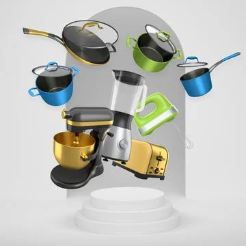 Assorted kitchen appliances and cookware floating against abstract backdrop a Stock Illustration