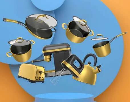Assorted kitchen appliances and cookware floating against abstract backdrop.. Stock Illustration